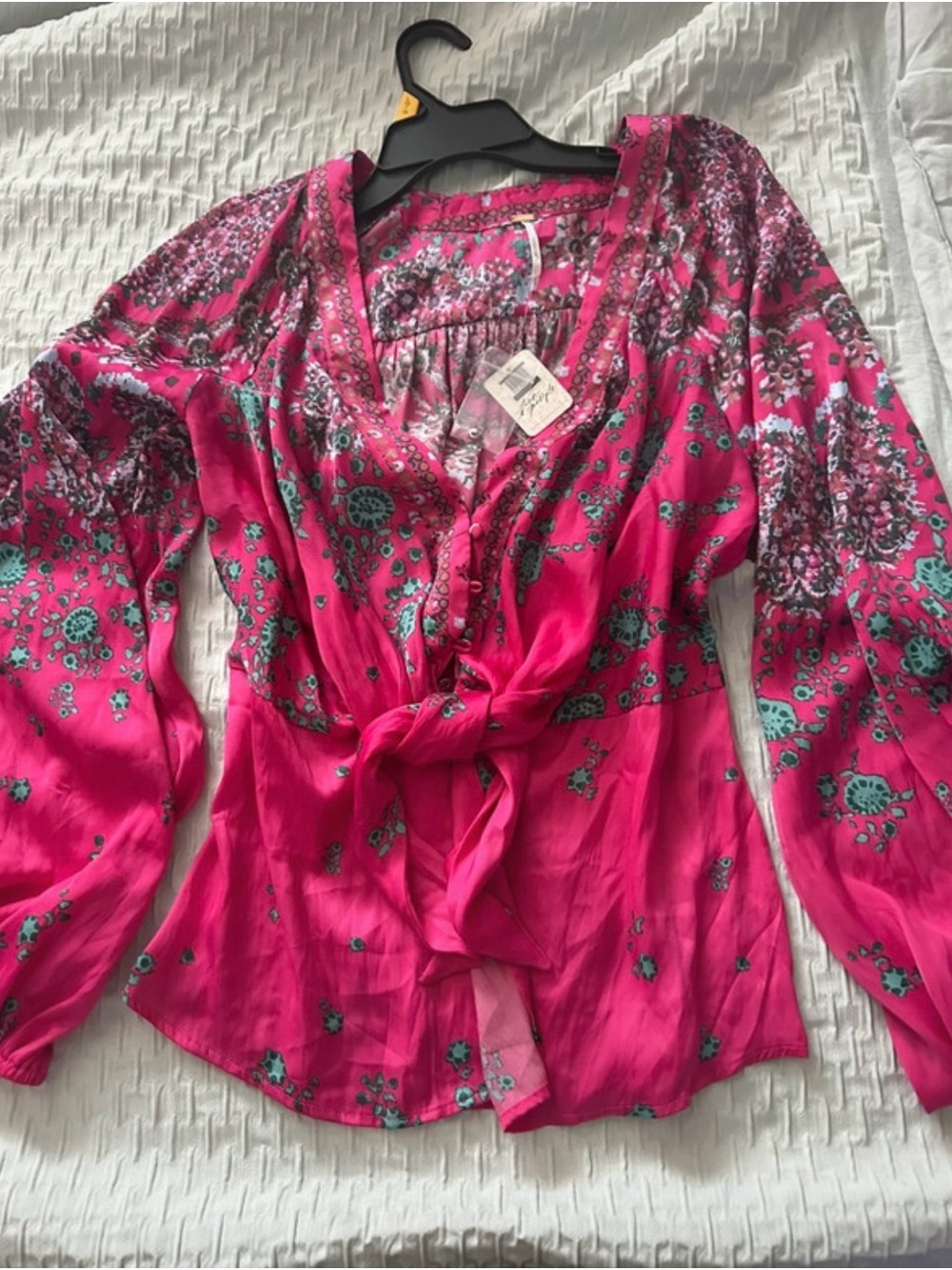 Free People Fuchsia Floral Tie-Front Blouse with Teal Accents